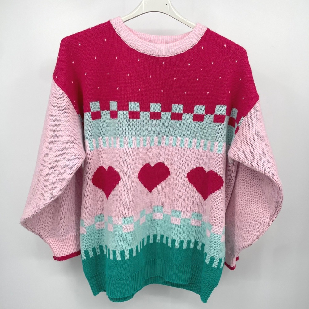 Venezia‎ Sportswear Vintage Pink Heart Geometric Knit Sweater Womens 14/16 L XL